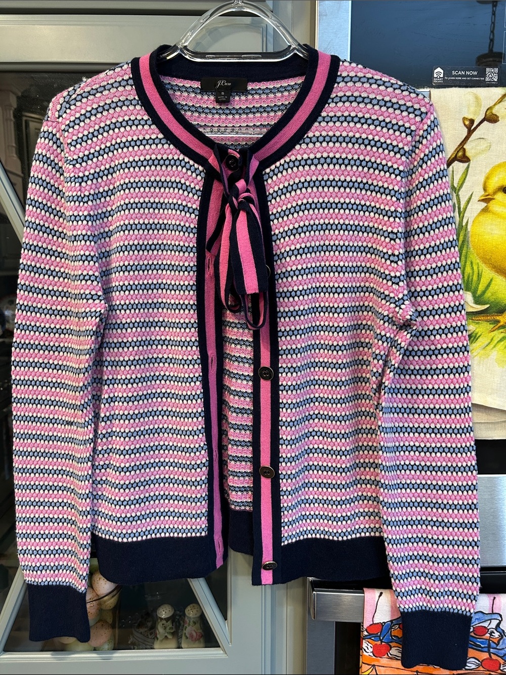 J. Crew Pink, Navy & White Striped Tie-Neck Cotton Cardigan Small